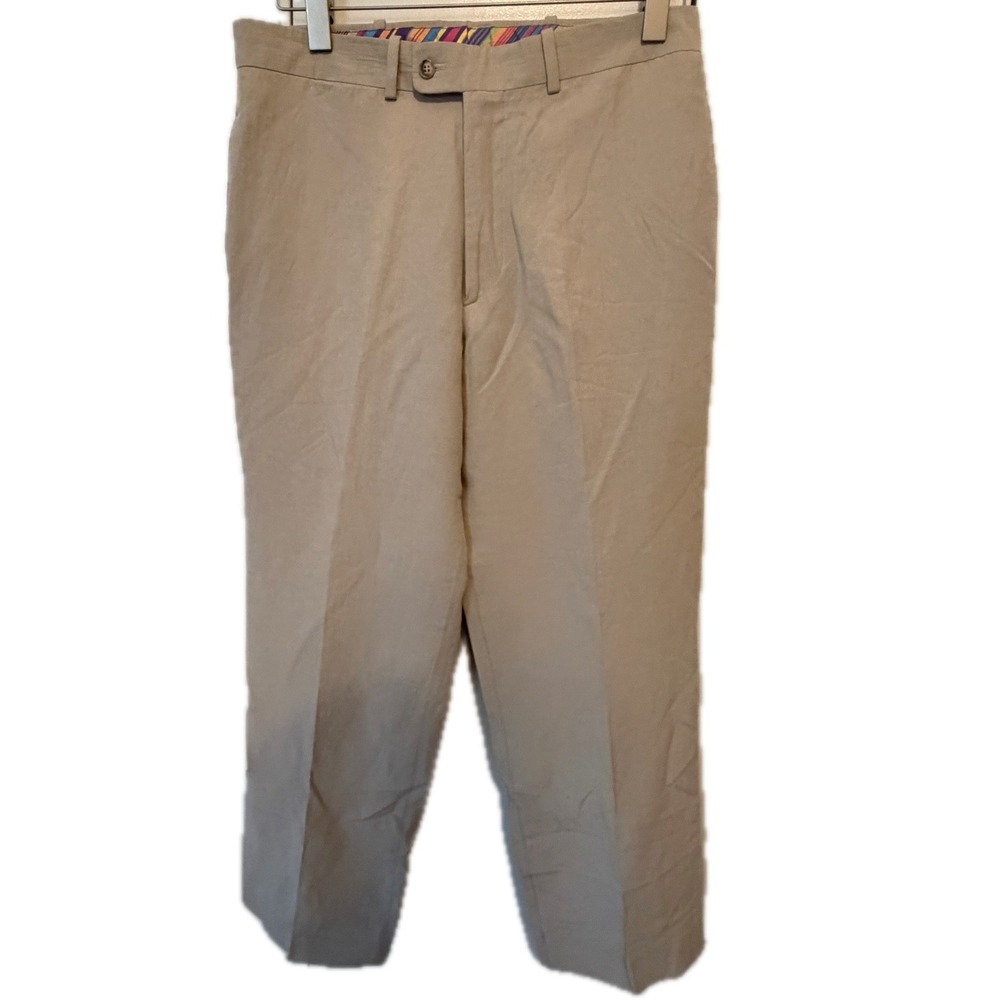 BERNARD ZINS Khaki Linen Silk Straight Leg Trousers Size 32